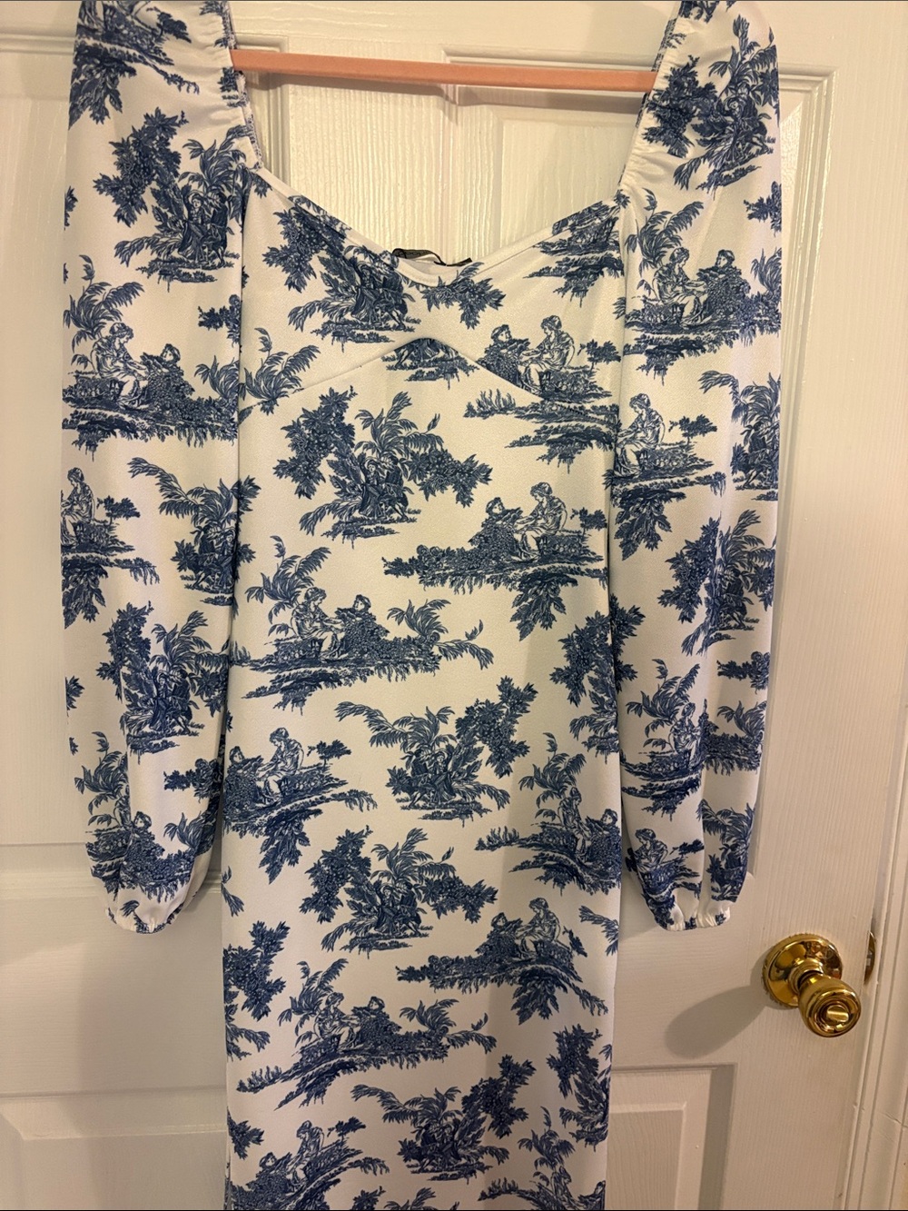 Boohoo White Dress with Blue Toile Print - Long Sleeve
